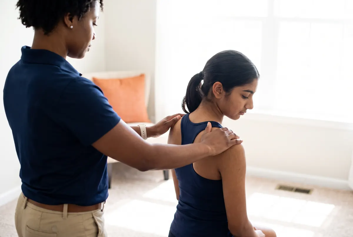 Physical therapist guiding a patient through a balance exercise