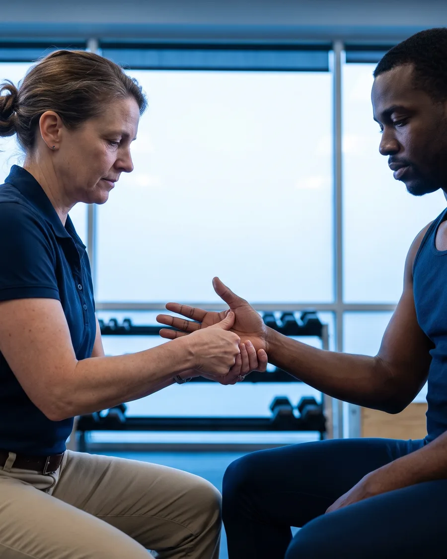 Physical therapist assessing a patient's wrist and hand mobility