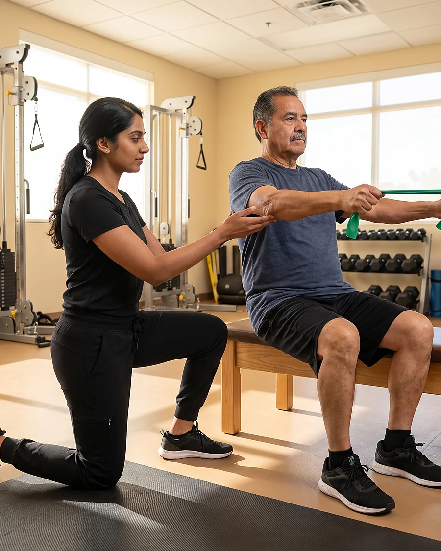 Physical therapist guiding a patient through a resistance band program